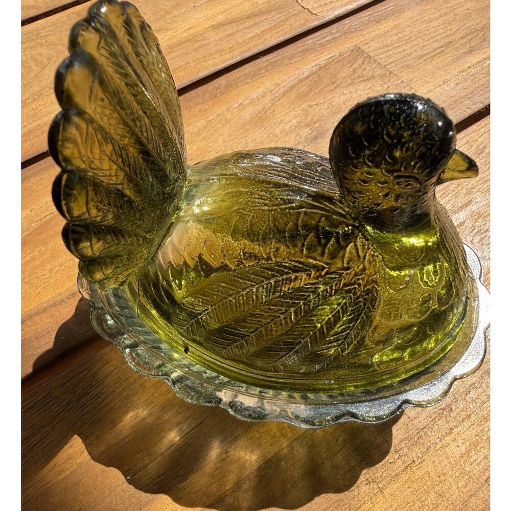 Vintage Turkey Hen On Nest Green Color Candy Dish Indiana Glass 4.75”